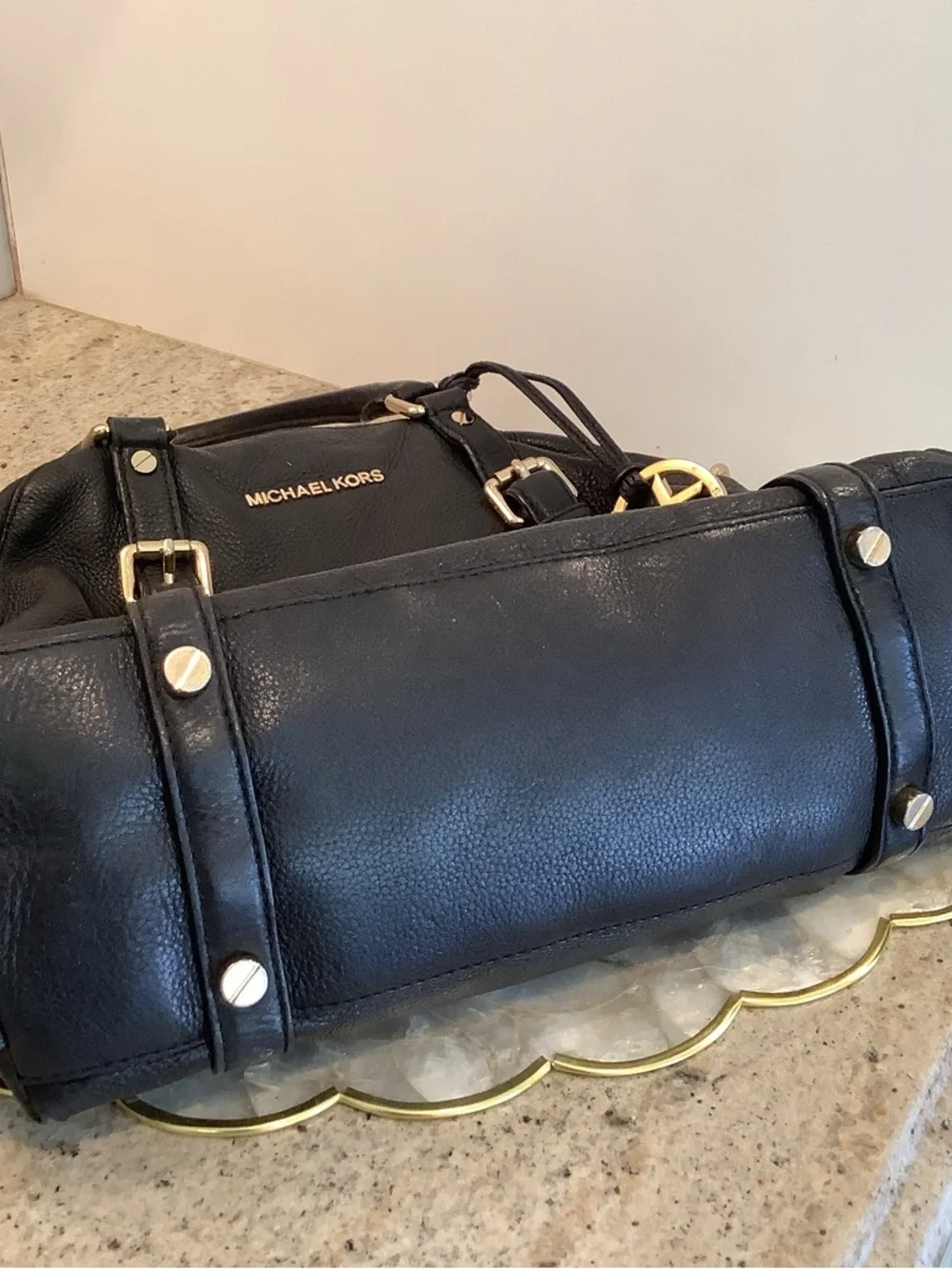 Michael Kors Black Leather Satchel with Gold Hardware